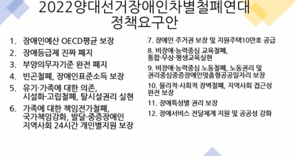 2022양대선거장애인차별철폐연대 12개 정책요구안 내용.ⓒ줌 캡쳐